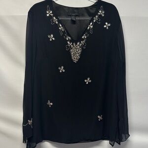 SilkLand 100% Silk Black Embellished Long Sleeve Women's Plus Size 1X Blouse
